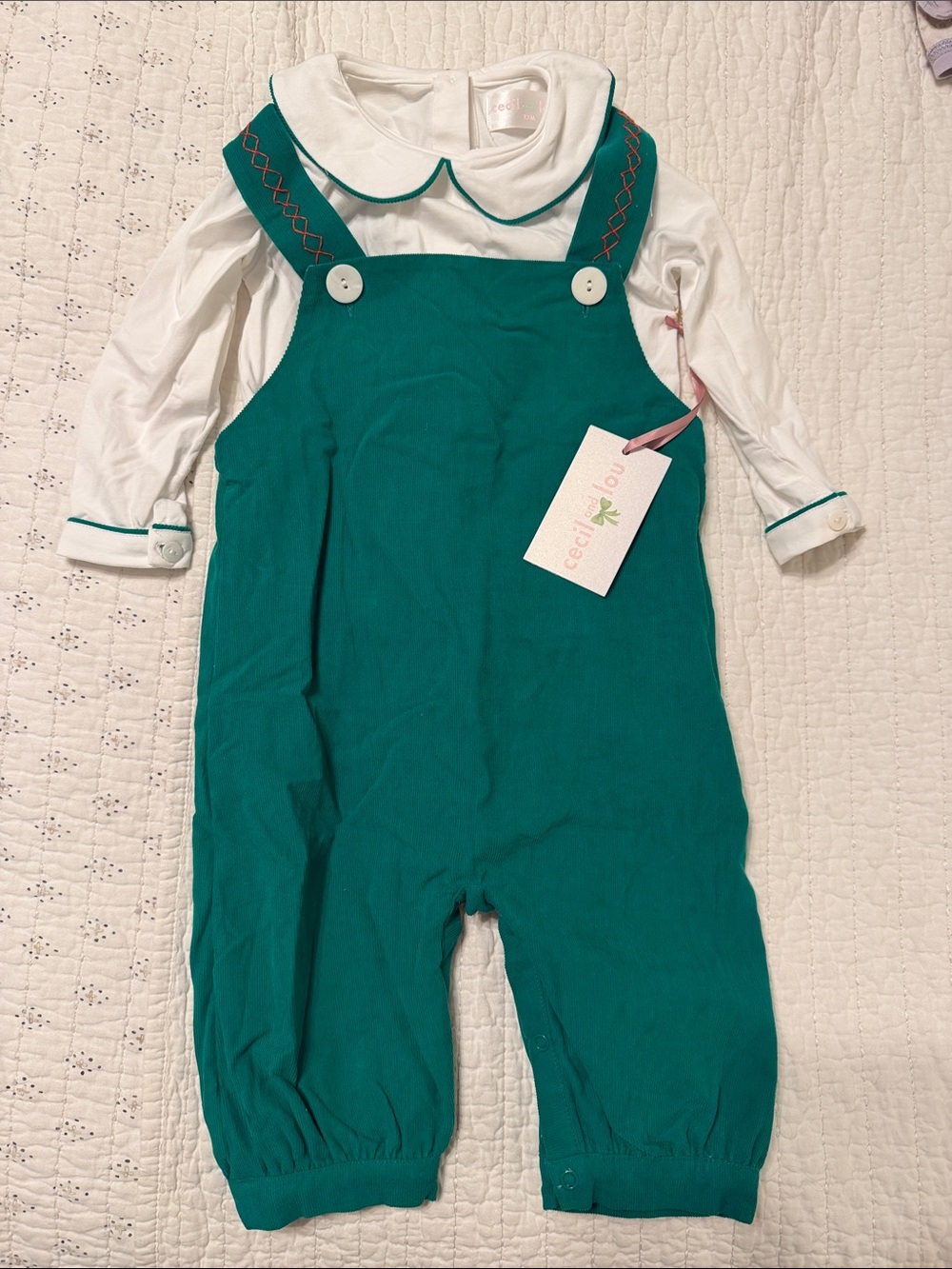 Green Infant Pinafore Romper with White Peter Pan Collar Top